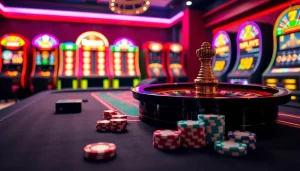 Scène captivante de casino en ligne argent réel avec une roue de roulette et des jetons de poker.