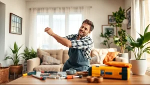 Handyman repairing a wall in a bright living room, showcasing expertise and comfort.