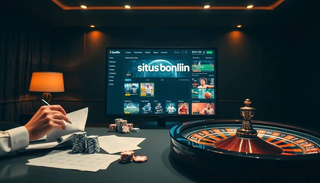 Engaging sportsbook interface for situs bola online, showcasing live betting and poker chips.