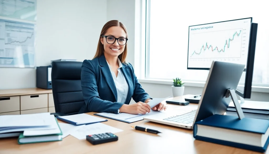Usługi księgowe przedstawione w profesjonalnej scenie z księgową Marzeną Owczarzak pracującą przy swoim biurku.