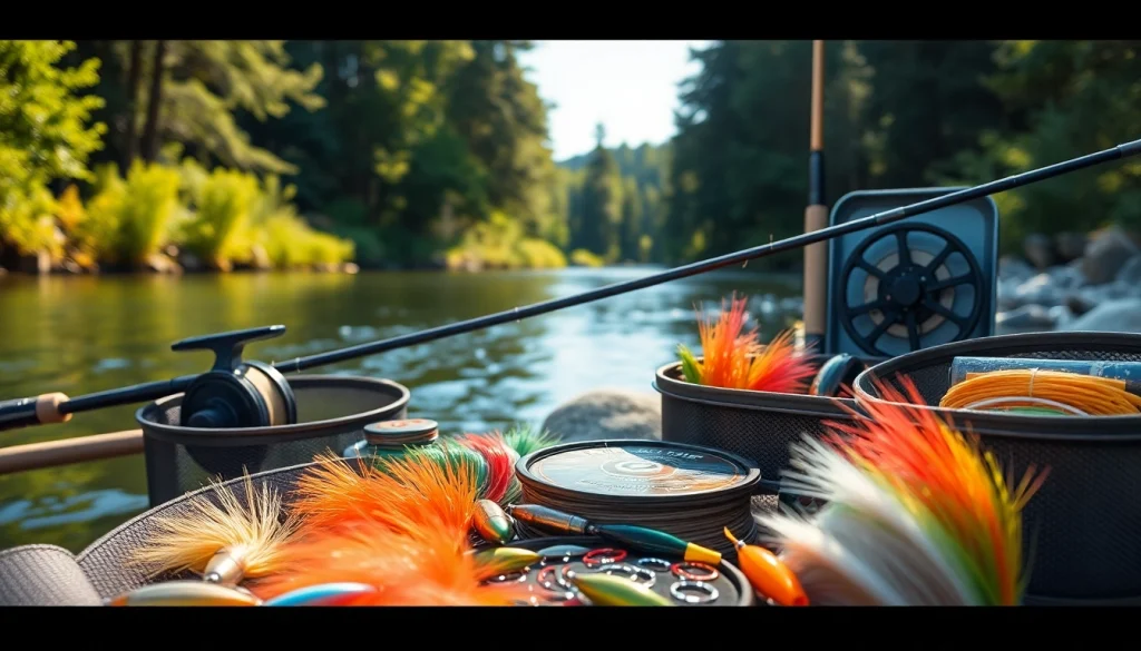 Showcase of fly fishing accessories in a serene river environment with colorful tackle and gear.