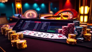 Scène de jeu en ligne engageante axée sur le casino en ligne argent réel avec des éléments de poker et de roulette à enjeux élevés.