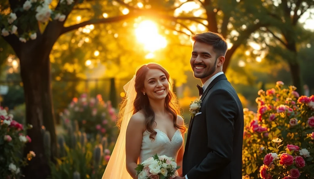 Captivating wedding photography capturing a couple's joyful moment in a garden setting.