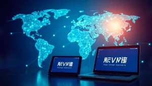 现代设备上的快连VPN界面，突出全球连通性。