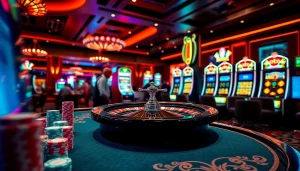 Une installation professionnelle de casino en ligne argent réel avec des jetons de poker vibrants et une roulette tournante créant de l'excitation.