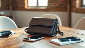 Schicke Handytasche Magnetverschluss auf einem Holztisch im Einsatz.